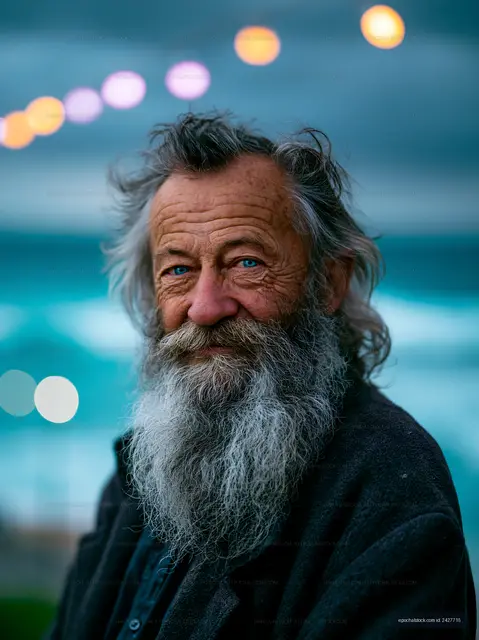 Man with gray hair and beard smiling outdoors at dusk