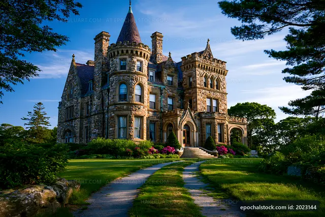 Historic mansion with stone architecture and landscaped garden