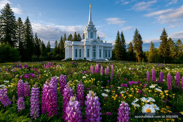Church building surrounded by blooming flowers in a garden