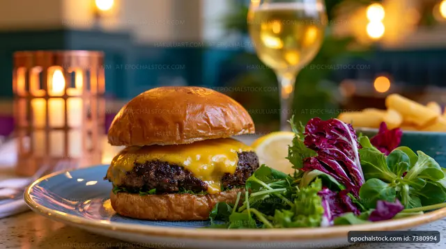 Cheeseburger with salad and fries on a table at a restaurant