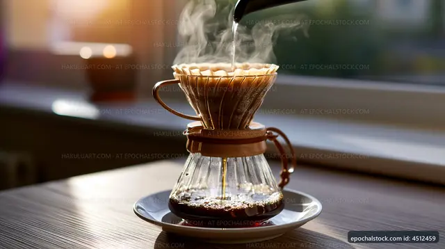 Brewing coffee in a glass pour-over maker by the window