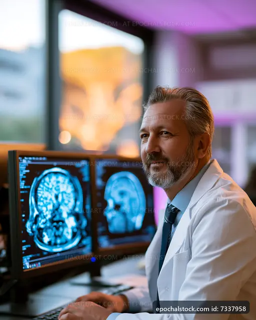 Doctor reviewing MRI scans in a modern medical office