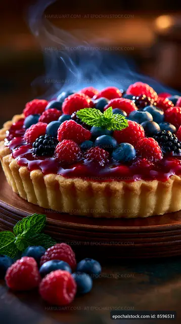Berry tart with fresh raspberries and blueberries on wooden table
