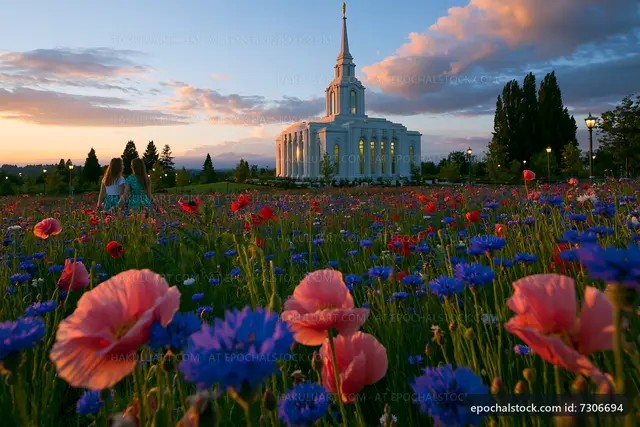 Flowers in a field with a building at sunset