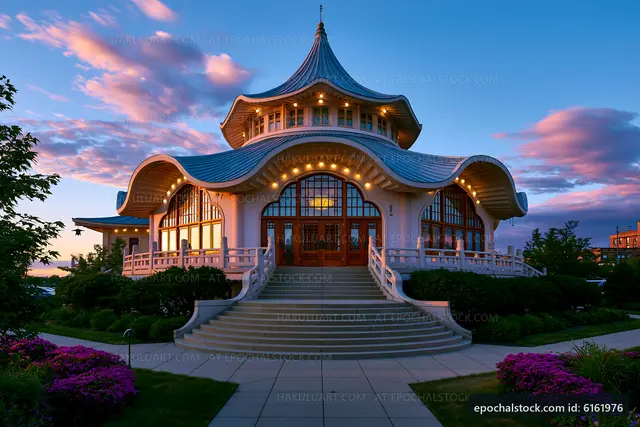 Modern architectural building surrounded by greenery at sunset