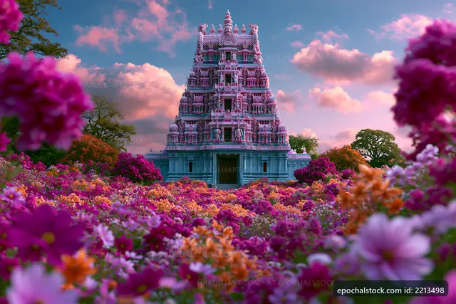 Temple surrounded by colorful flowers during sunset