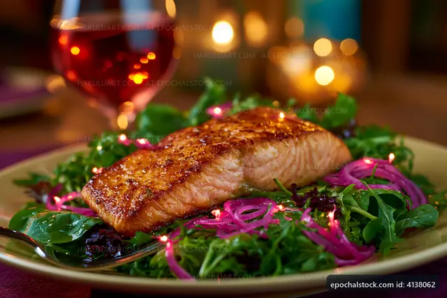 Salmon fillet served on a bed of greens with sides of onions