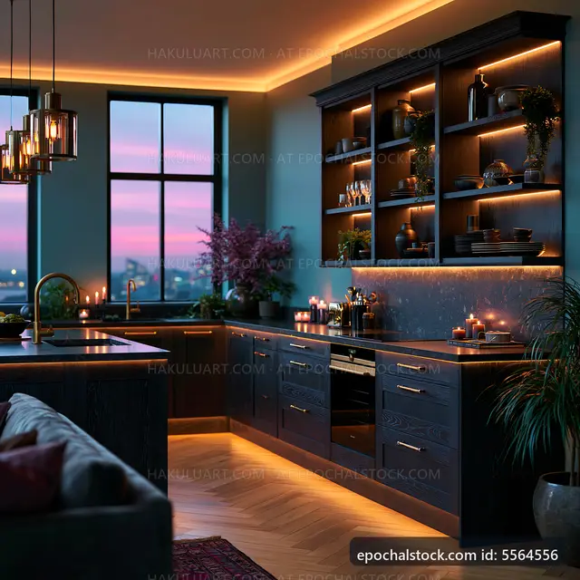 Modern kitchen interior with warm lighting at dusk