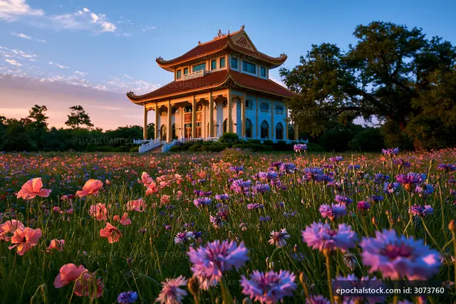 Colorful flowers surround a traditional building at sunset