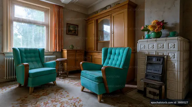 Retro living room with teal chairs and vintage decor