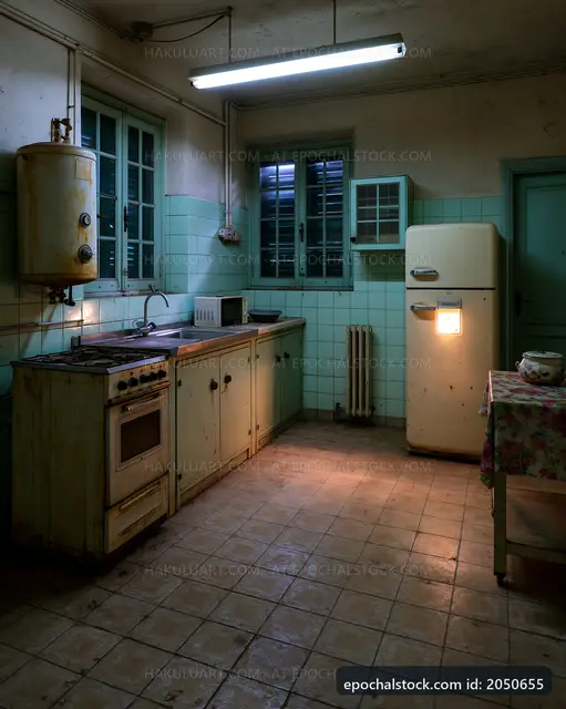Old kitchen with worn appliances and vintage decor