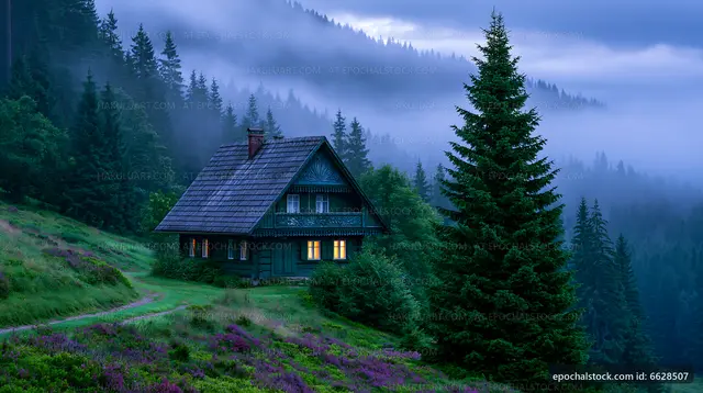 Foggy forest house at dusk near a pathway and tall trees