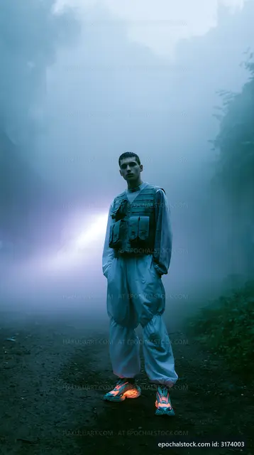 Young man stands in foggy forest wearing casual clothing