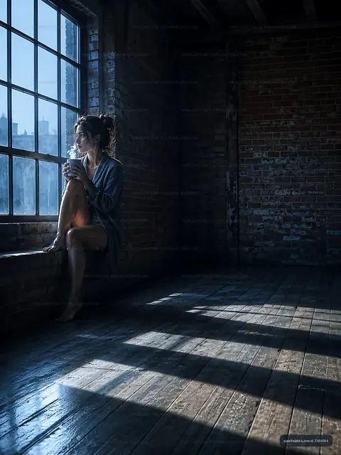 Woman sitting by window in urban loft room during morning light