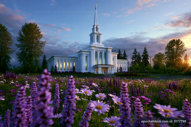 Sunset view of a church with flowers in the foreground