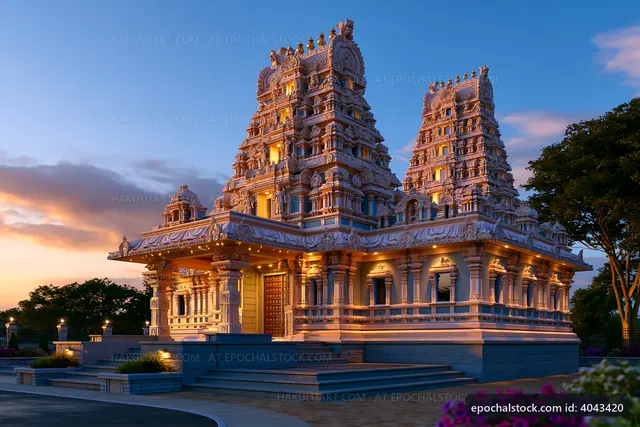 Hindu temple with intricate architecture at sunset
