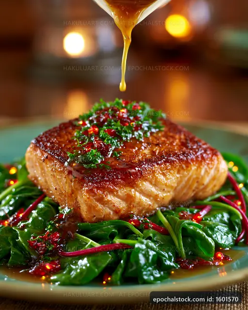 Salmon fillet served on spinach with sauce drizzle