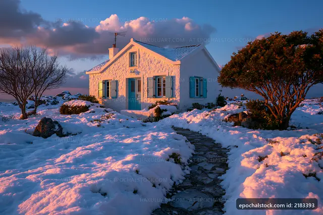 Snow-covered house with blue shutters at sunset