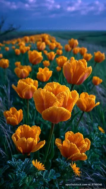 Bright orange flowers in a field at sunset
