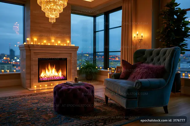 Cozy living room with a fireplace and city view at dusk