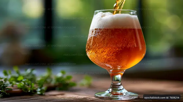 Glass of beer with foam on wooden table