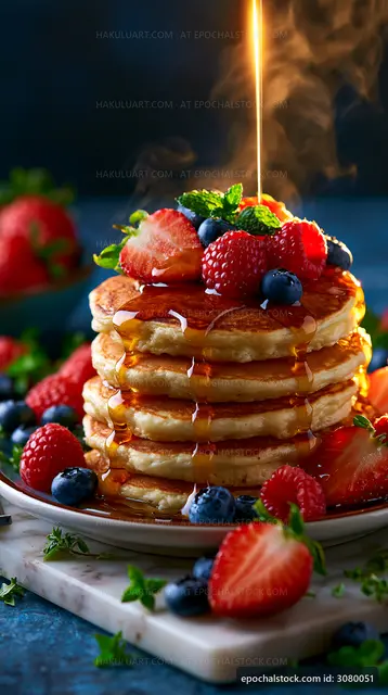 Stack of pancakes topped with fresh berries and syrup