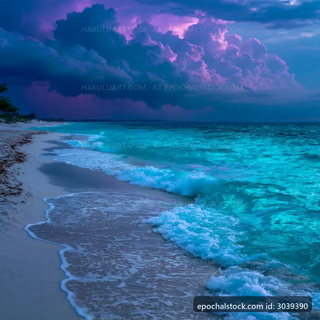 Clouds over ocean waves at dusk on a sandy beach