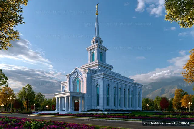Modern church building with spire and clear blue sky