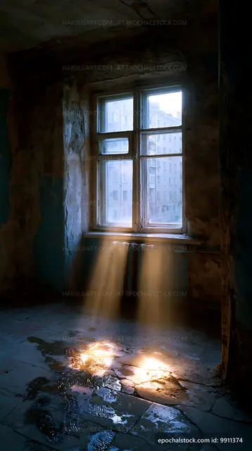 Light beams filtering through a dusty window in an old room