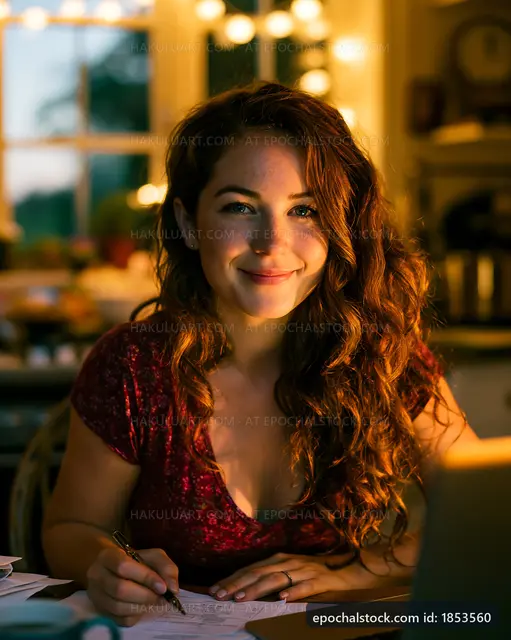 Woman writing in kitchen with warm lights in the evening