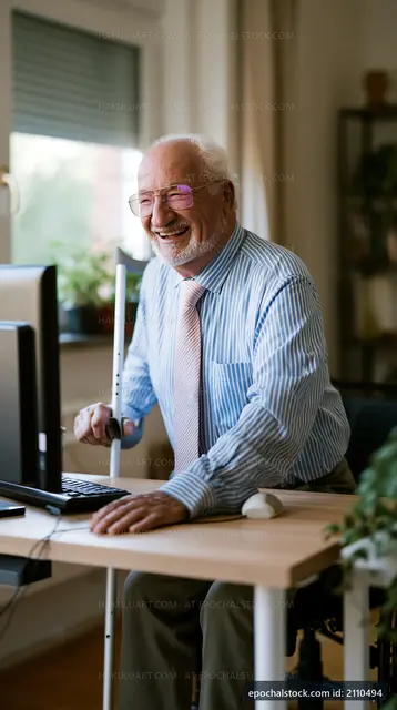 Elderly man uses computer at home office with cane nearby