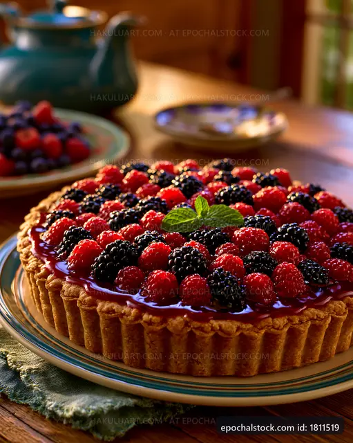 Berry tart with red and black fruits on a wooden table