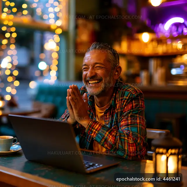 Man smiling at laptop in cafe with warm lighting and decorations