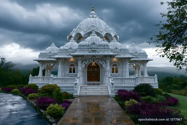 Temple with detailed architecture under a cloudy sky