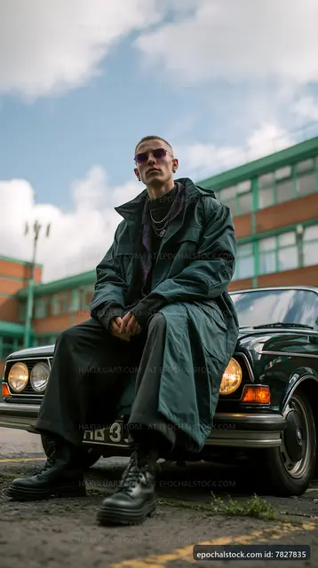 Man sitting on vintage car in urban setting