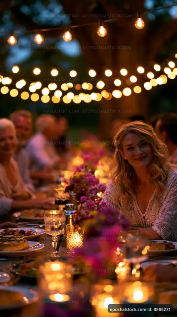 Evening gathering with friends at outdoor table under string lights