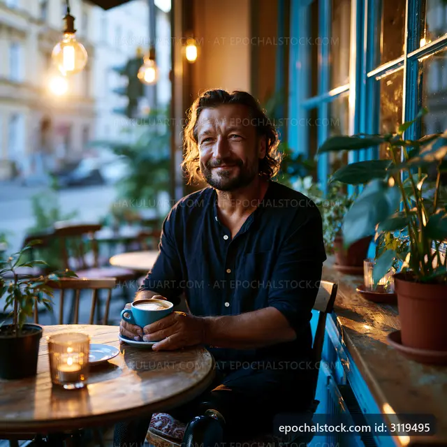 Man relaxing with coffee in a cafe by the window during sunset