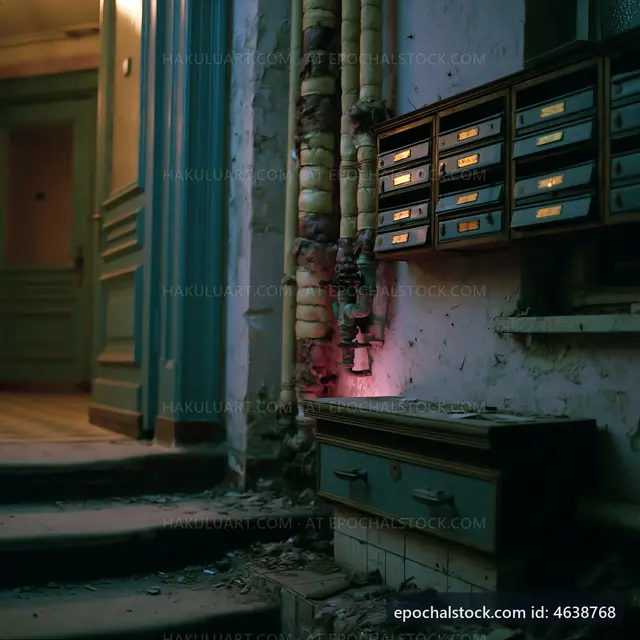 Old building lobby with mailbox and peeling paint at night