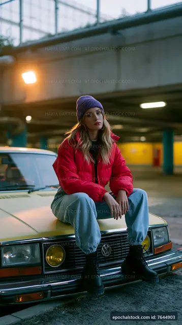 Woman sits on yellow car in parking garage at night