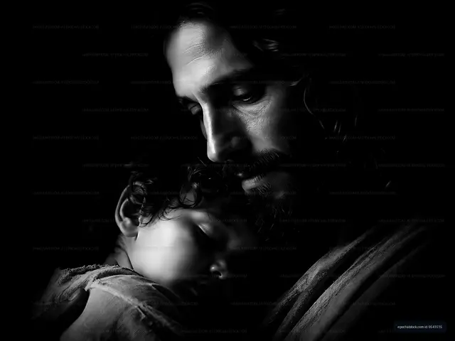 Father and child share a close moment in dim light