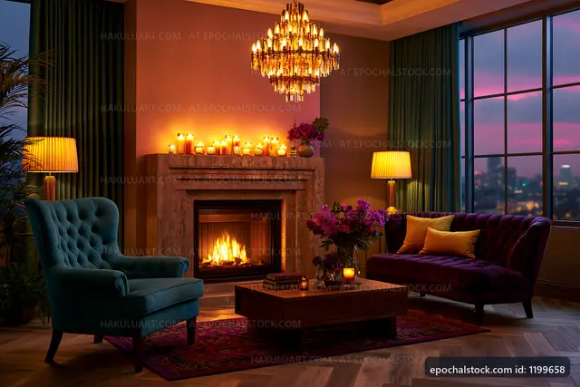 Cozy living room with fireplace and elegant lighting at sunset
