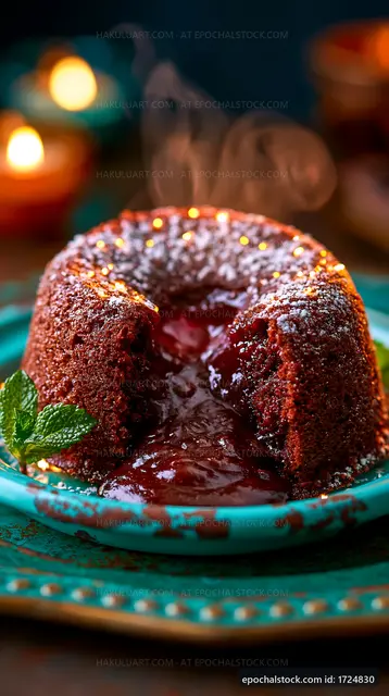 Molten chocolate cake served with mint garnish