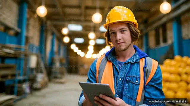 Worker using tablet in a warehouse with safety gear
