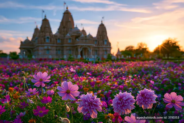 Colorful flowers surround a temple at sunset