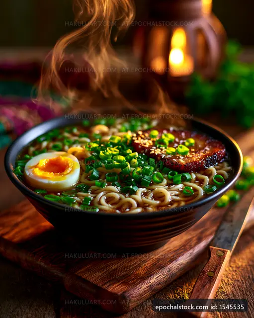 Steaming bowl of ramen with egg and green onions