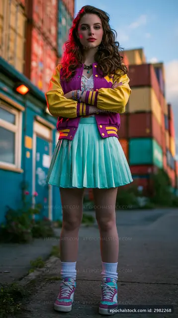 Girl in colorful jacket and skirt stands in urban setting