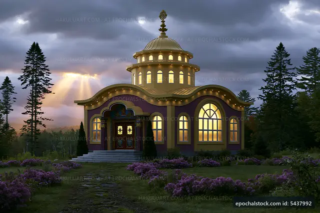 Golden-domed building surrounded by trees and flowers at dusk