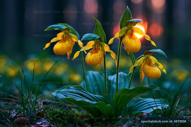 Yellow orchids bloom in forest during sunset