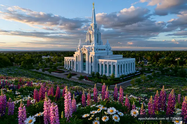 White temple surrounded by colorful flowers at sunset