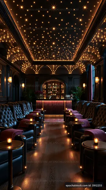 Cozy lounge with starry ceiling and dim lighting at night